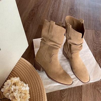 Западные ковбойские сапоги женские летние новые ретро остроносые плиссированные сапоги-гармошка средней длины на толстом каблуке короткие сапоги