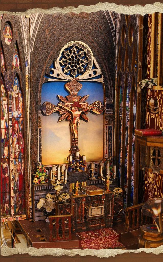 Моин моин Кукольный домик Миниатюрный Набор Сделай сам Легкая Сборка Инструкции Церковь Завета Христос Витражный Красивый Классический Ретро Реалистичный Светодиодная Подсветка Музыка