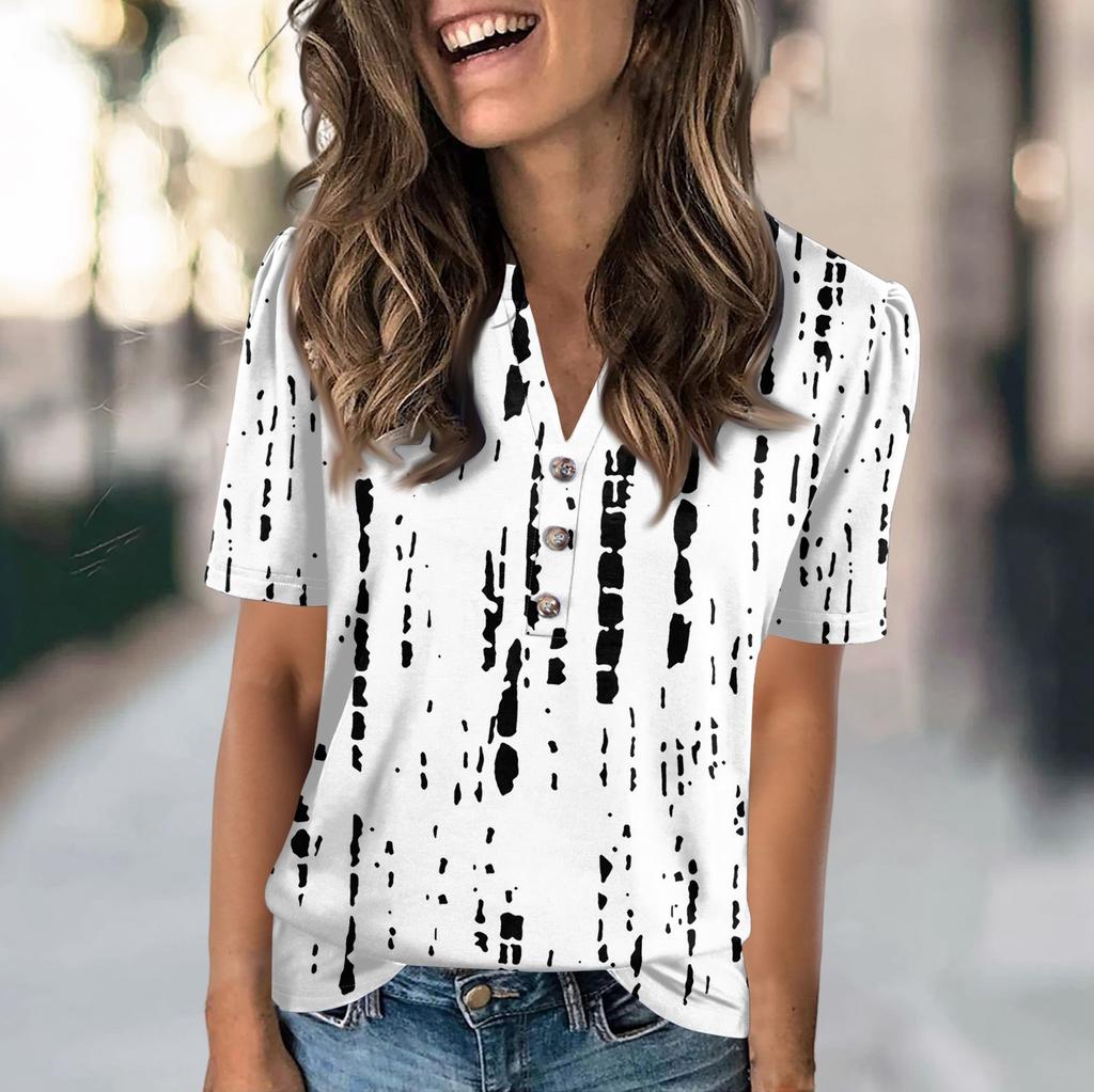 Женская модная повседневная футболка с цветными блоками и принтом в виде V-образного выреза с коротким рукавом и пуговицами