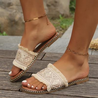 Модные женские тапочки Новые простые повседневные пляжные тапочки Модные плетеные тапочки с открытым носком на плоской подошве Летняя уличная обувь Женские сандалии
