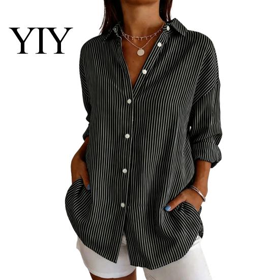 Women Collared Shirts Striped Shirt for Summer Autumn, Button Down Single Machine Washable Breasted Blouse, Dressy Casual Long Sleeve Top Breathable