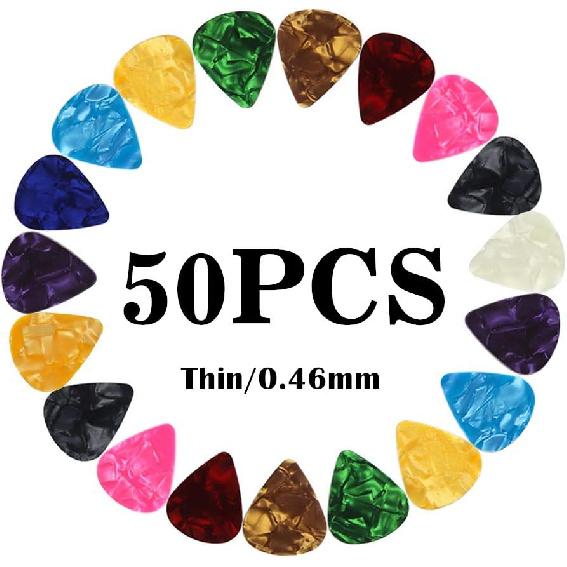 Guitar Picks Thin Light Soft Gauge Assorted Pearl Variety Pack Celluloid - 50 Pcs Mixed Colorful - Plectrums for Gift Acoustic Guitar, Bass and