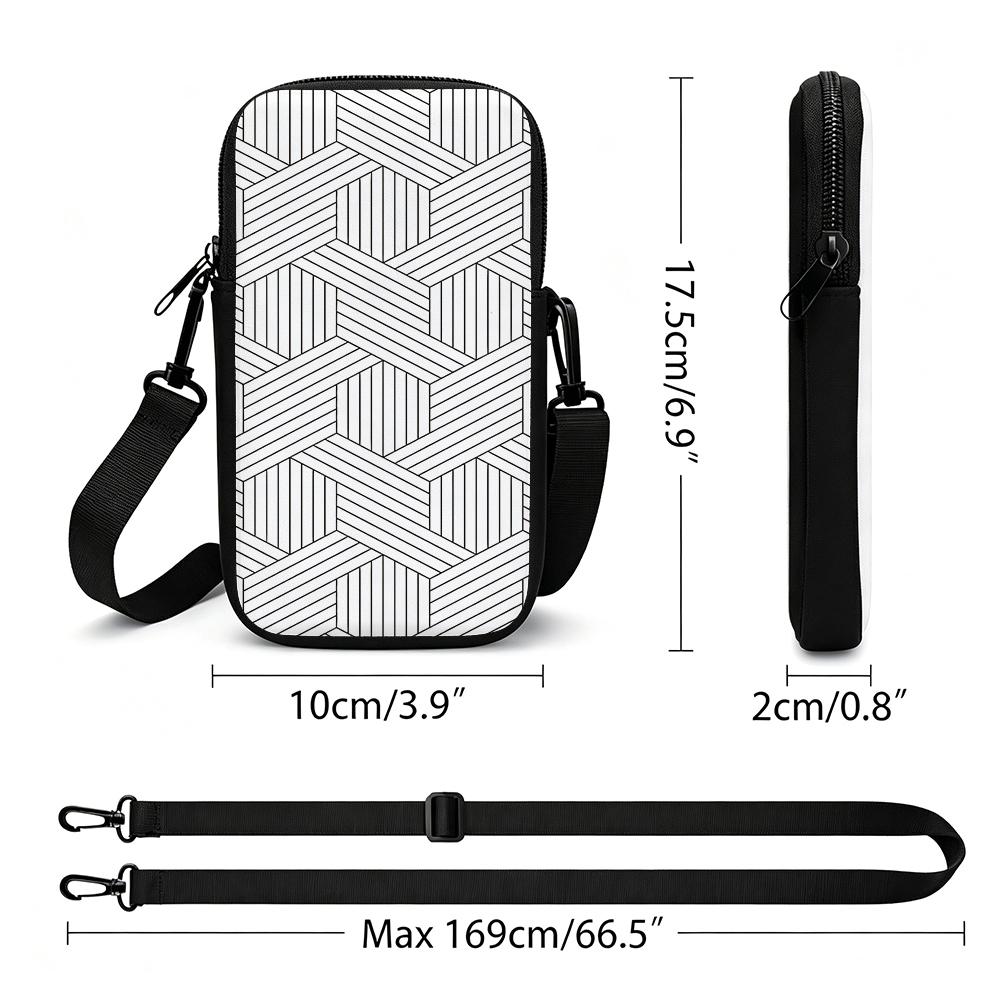 Elegant Black Geometric Hexagon Pattern Crossbody Phone Bag, Minimalist Modern Sling Pouch, Christmas Gift Holiday Party Accessory for Women Girls