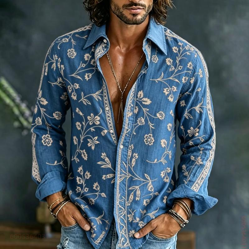 Men's Long Sleeved Shirt with Floral Branches and Leaves Printed on Top, Versatile Casual Shirt for Daily Commuting and Travel