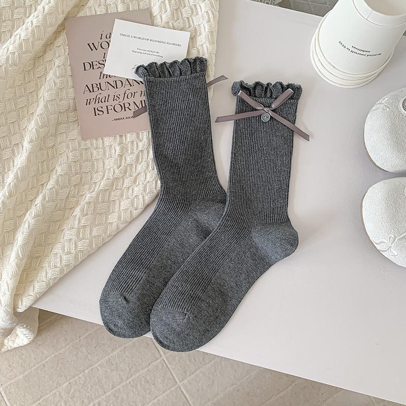 Женские весенне-осенние милые носки с лентами-бантами, пуговицами и кружевом в балетном стиле