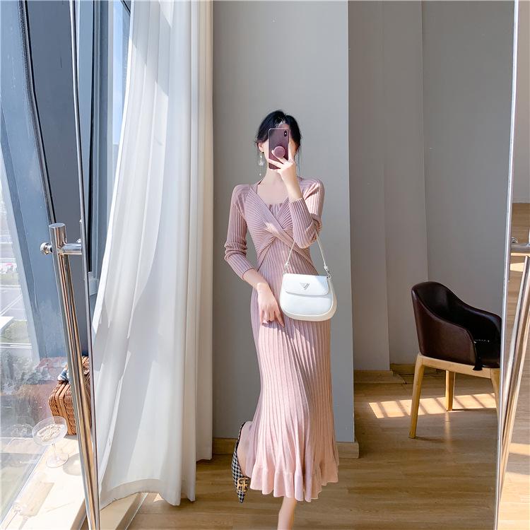 Корейское шерстяное вязаное платье «рыбий хвост» - Женское осенне-зимнее длинное выше колена облегающее базовое платье