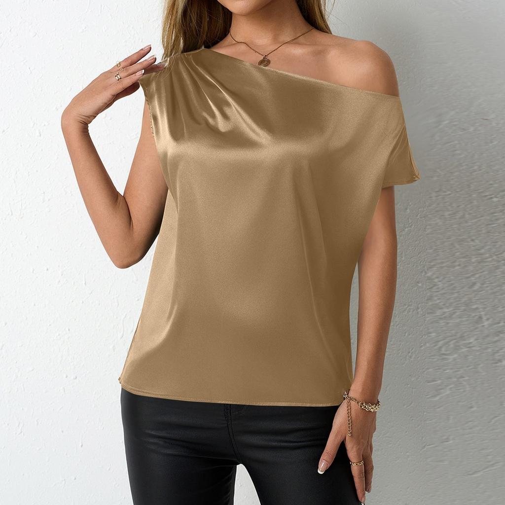 Women's Short Sleeve Shirt Loose Satin Top Embossed Lace V-neck Silk Lined Top