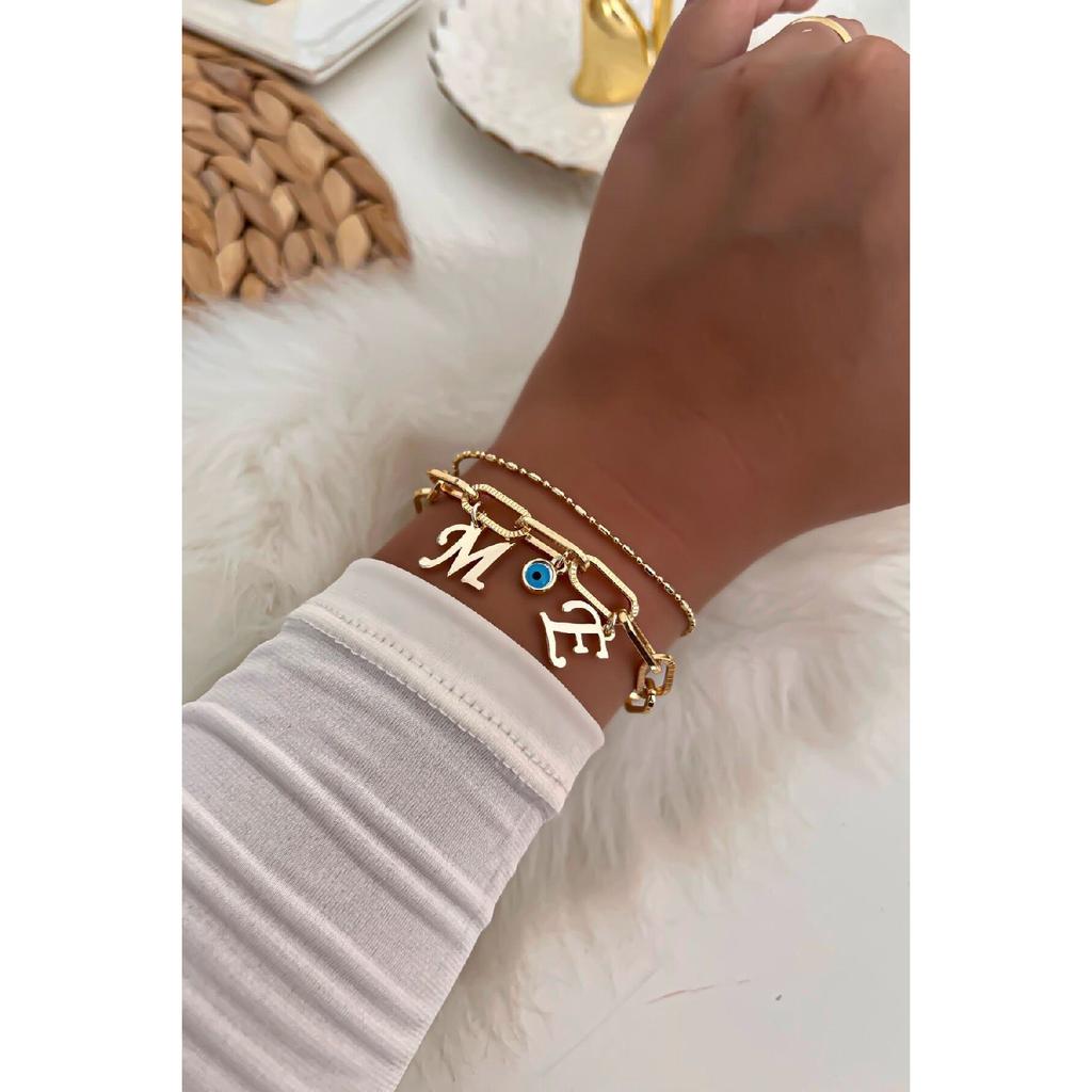 Комбинация браслета-цепочки с золотыми буквами на выбор, детальная комбинация 6 сглаза
