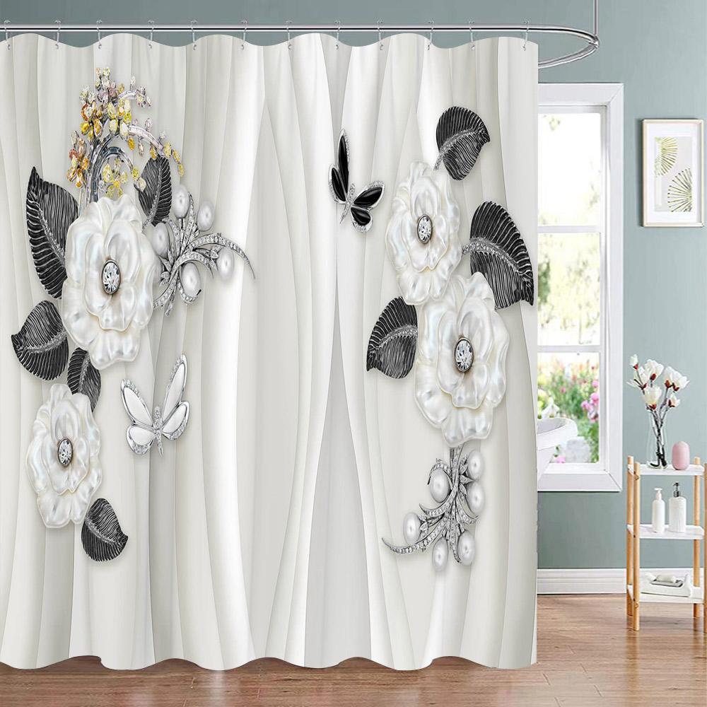 Elegant and Fashionable Fantasy Pearls and Diamonds Bouquet Shower Curtains 3D Style Relief Sculpture Bath Curtain Bathroom Deco