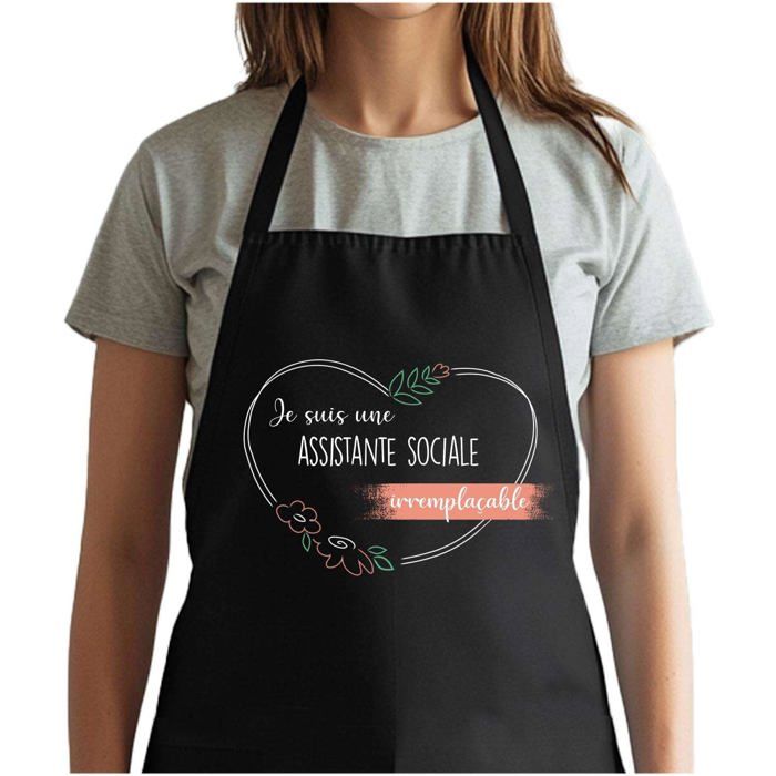 Tablier de cuisine - Assistante sociale Irremplaçable Femme - Noir - Coton résistant - Impression bretonne