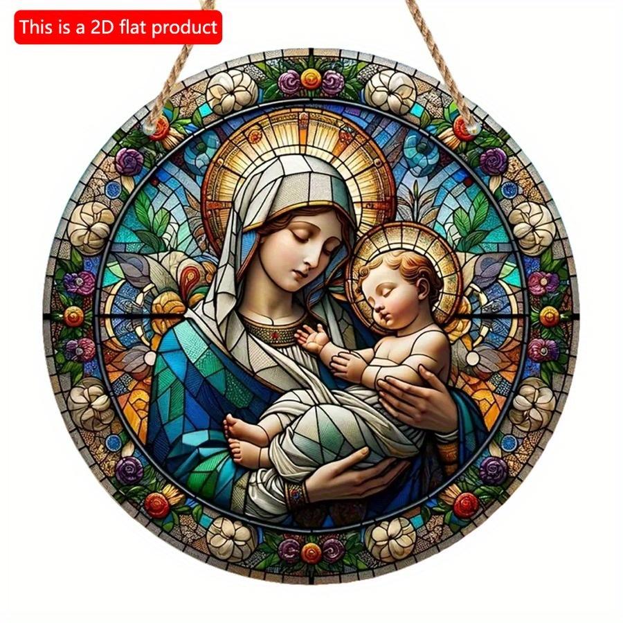 1pc 2d Flat Wood Christian Religion Mary Suncatcher, Translucent Stained Window Hanging, Round Wooden Sign- 20cm Porch, Wall, Home, Room, Cafe Holiday