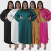 Women's Large Size Pleated Long Dress: Autumn/Winter Round Neck, Long Sleeves.