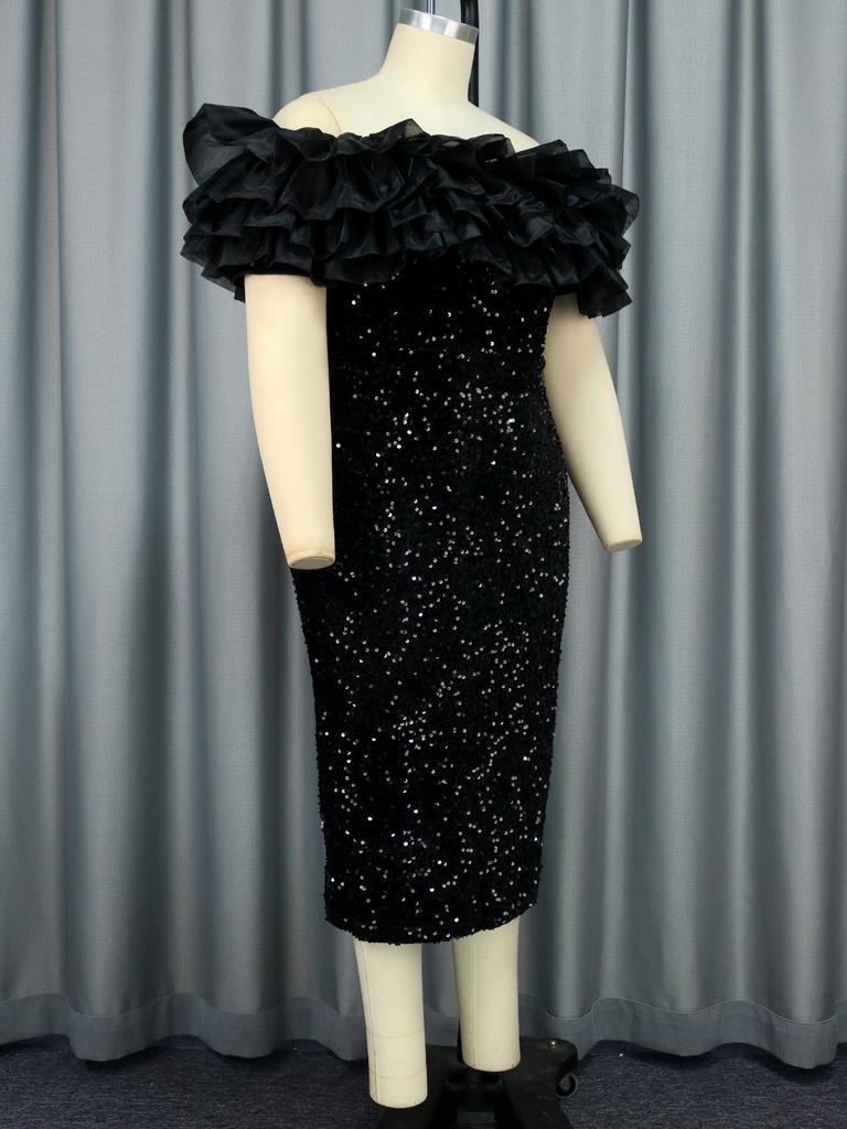 AOMEI Classy Off Shoulder Black Sequin Dresses for Women Backless Ruffles Trim Velvet Glitter Vestidos Bodycon Party Club Wedding Guest Gowns