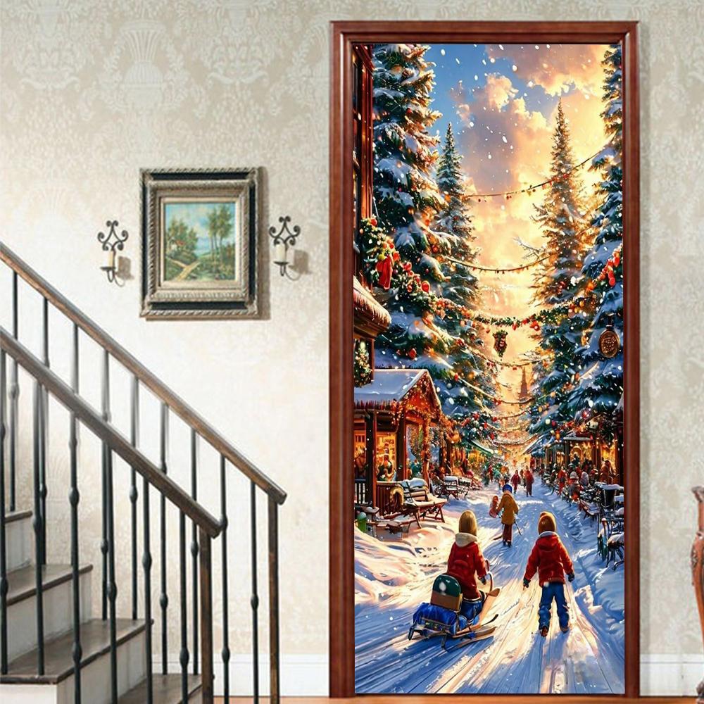 Рождественский Дед Мороз ПВХ Самоклеящаяся Водонепроницаемая Наклейка на Дверь Современная Имитация Фреска Обои Гостиная Кабинет Домашний Декор Искусство Постер на Дверь