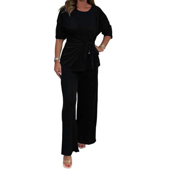 2 шт./комплект женский топ брюки костюм круглый вырез длинный рукав шнуровка