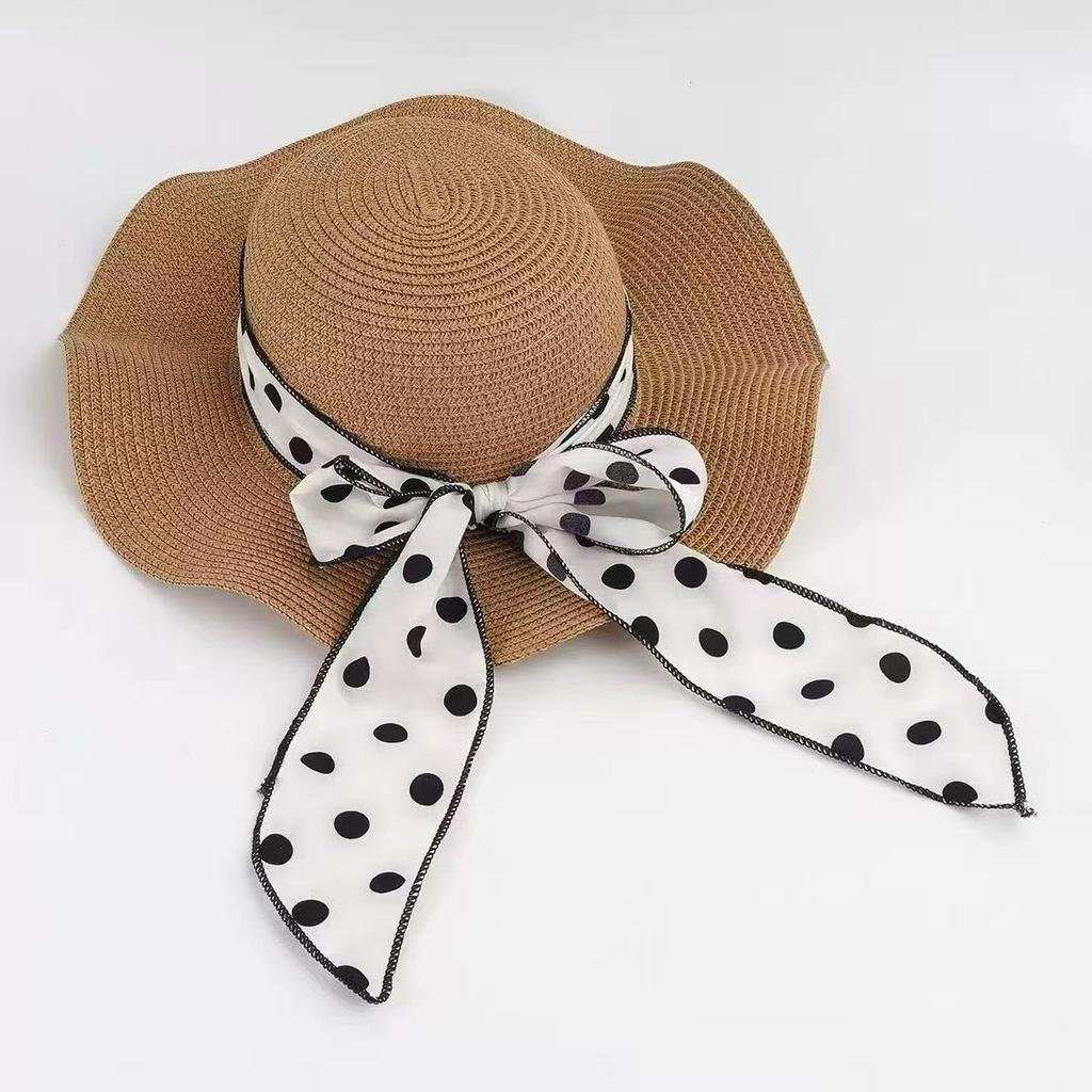 Bow streamer bucket hat female straw hat versatile eaves summer outing versatile sun protection sun hat wavy edge