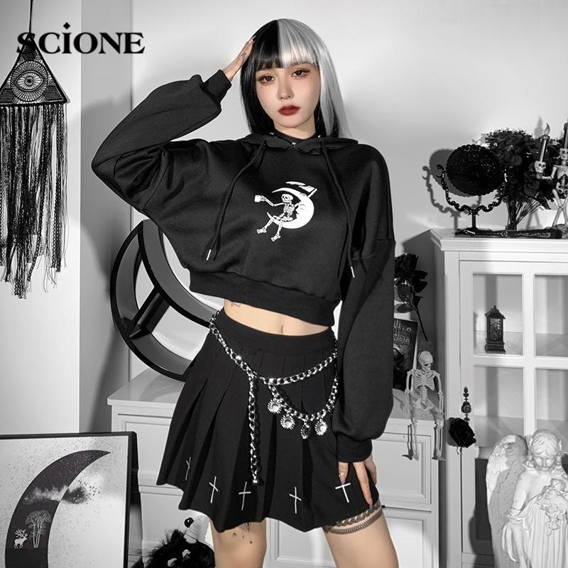 Готический укороченный топ Лолита, темные толстовки с принтом черепа, короткий свитер с капюшоном и длинными рукавами, осенне-зимний укороченный топ