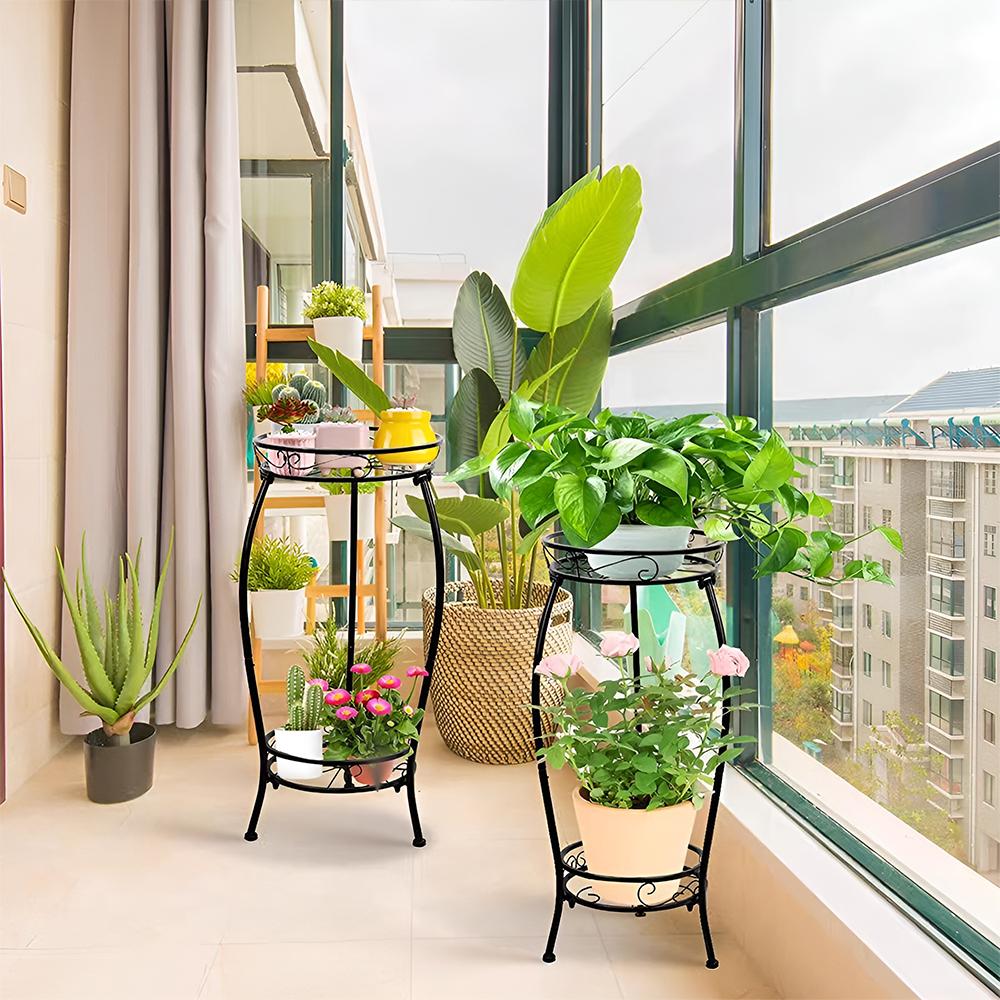 Black New Fully Disassembled Classic Two-layer Flower Stand, Black Iron Double-layer Floor Flower Stand, Balcony Plant Stand