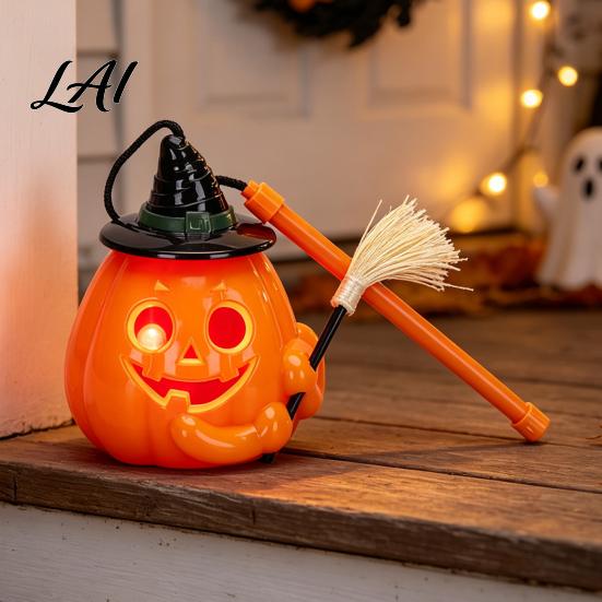 Trick or Treat Lamp Glowing Halloween Pumpkin Lantern Jack O Lantern with Witch Hat Broom Light Funny Up Decor Prop for Kids Party Decor