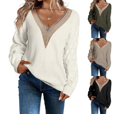 Осень Зима Модный Чувственный Кружевной V-образный вырез Вязаный Пуловер Спущенное плечо Свитер Топ Роскошный Свободного кроя Стройнящий и Универсальный Топ