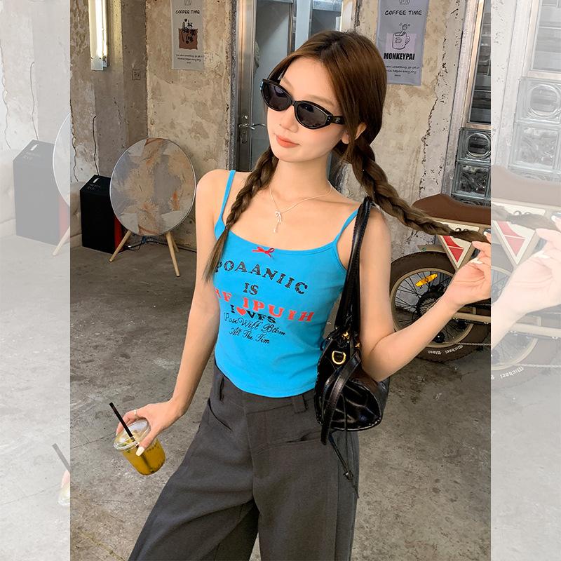 Американская Spice Girl, подвеска с буквенным принтом, женский летний новый верхний слой, внутренний, облегающий и тонкий, топ с бантом