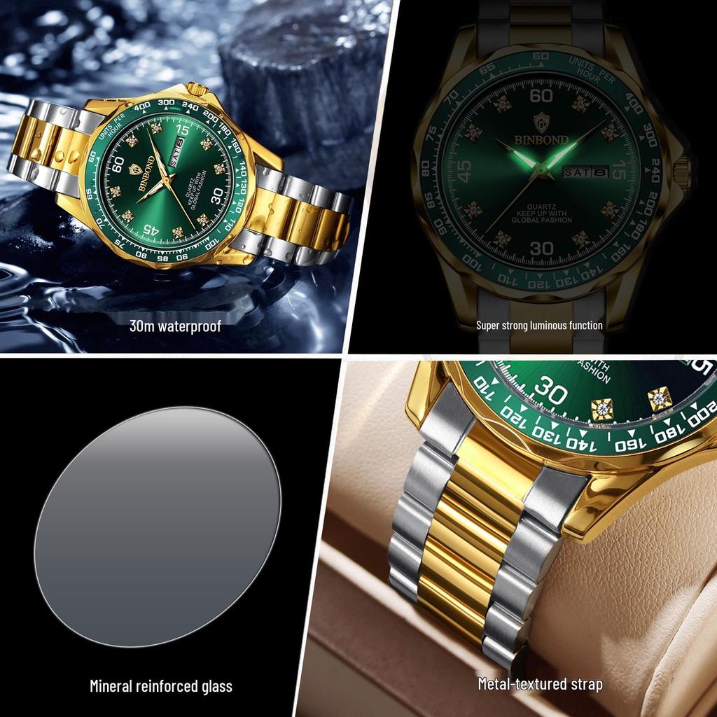 Мужские кварцевые часы Binbang Green Submariner, двойной календарь, стальной браслет, водонепроницаемые, для бизнеса.