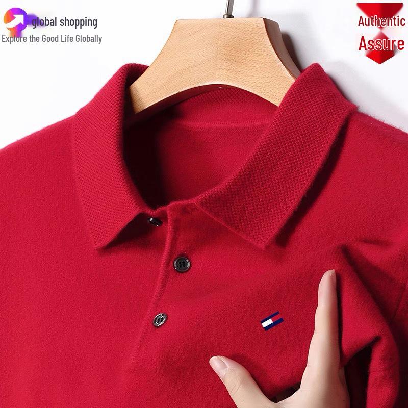 Оригинальный мужской джемпер Tommy из кашемира с длинным рукавом - Однотонный, с вышивкой, с воротником, большого размера, универсальный вязаный базовый слой.