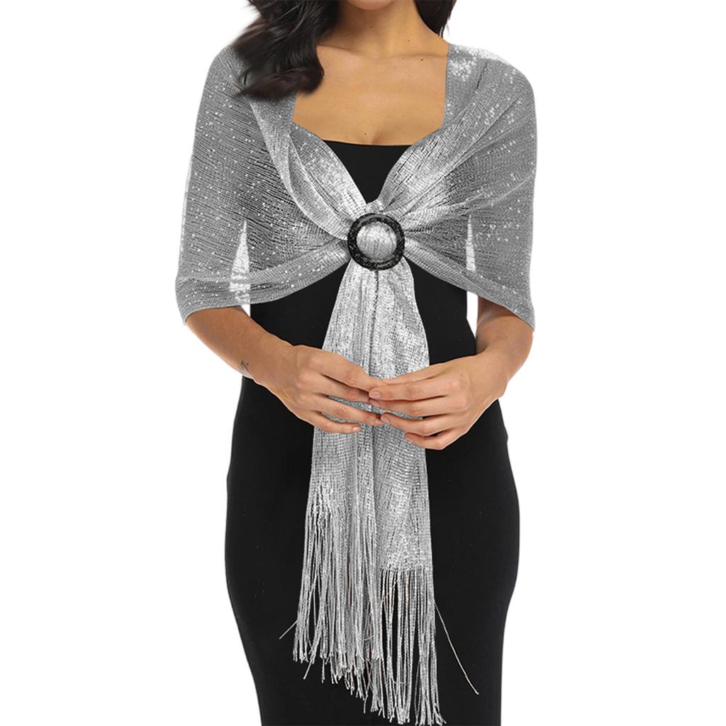 Women Wrap Shawl Knit Evening Scarf Lightweight Long Glitter Fringe Soft Formal Dress Accessories for Parties Events