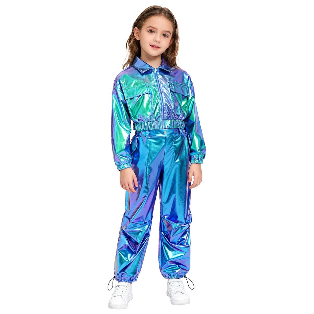 Unisex Kids Shiny Metallic Jacket Drawstring Cargo Pants Hip Hop Jazz Dance Costume Set