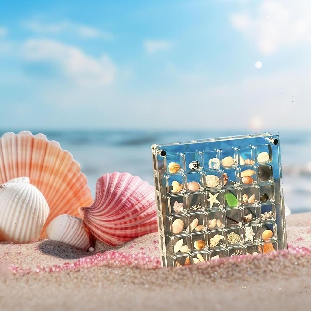 Artlunar 36 Grids Acrylic Display Box - Clear Shadow Box for Seashell, Rock, and Thimble Collection, Mini Trinket Shelf Organizer for Collectors