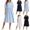 Women's Solid Color Loose Waist Mid Length Dress Cotton Linen Round Neck Dress
