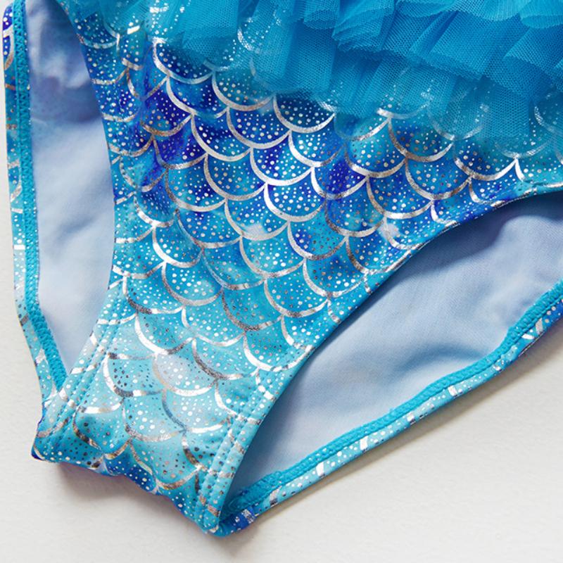 Цельный купальник для маленьких девочек с рюшами и тюлевыми оборками, лето 2023, пляжная одежда с принтом русалки, купальный костюм