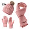 Soft Acrylic Cold Weather Gear Winter Hat Scarf Gloves Set, Knitted Pom Warm Thermal Full Coverage Warmth Set Gloves, Solid Color Cozy Knit
