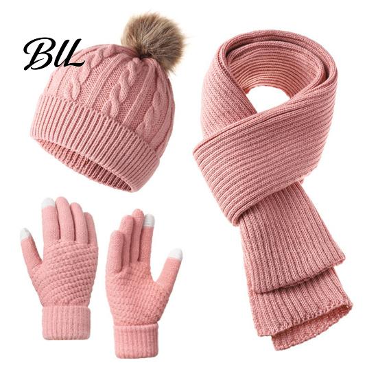 Soft Acrylic Cold Weather Gear Winter Hat Scarf Gloves Set, Knitted Pom Warm Thermal Full Coverage Warmth Set Gloves, Solid Color Cozy Knit