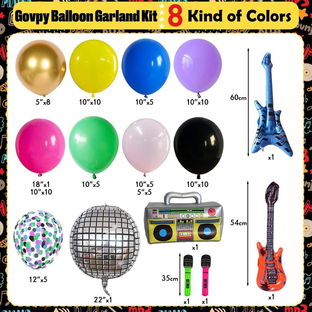 80s 90s Theme Party Decorations Retro Rock Music Balloon Garland Arch Kit with Rainbow Balloons Disco Ball Boombox Bass Guitar Microphone Foil
