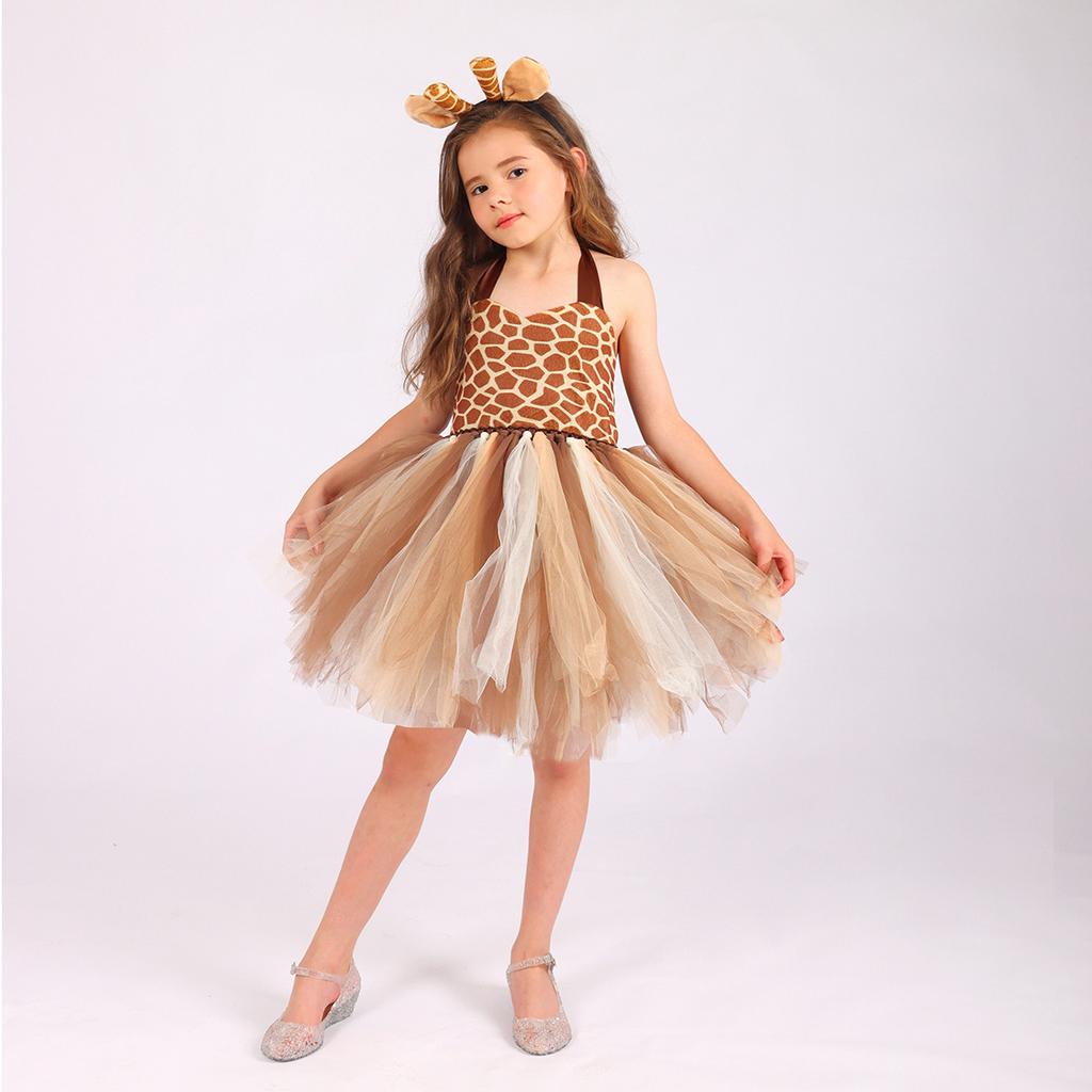 Baby Girls Halloween Cosplay Costume Kids Forest Theme Giraffe Cows Tiger Print Tutu Dress Party