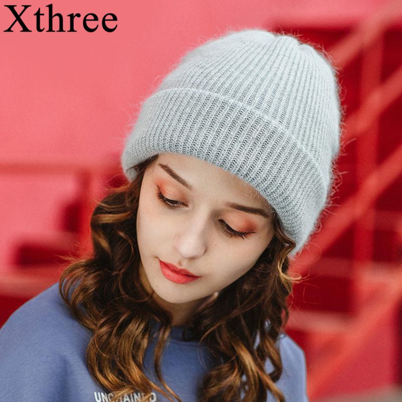 Мягкая шапка-бини Xthree для женщин, зимняя шапка, вязаная шапка с кроличьим мехом, теплая шапка с капюшоном, женские шапки для девочек