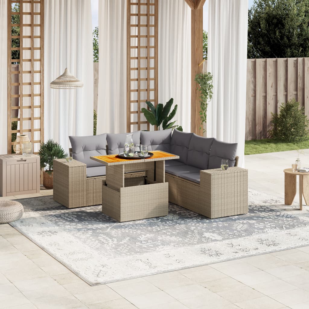 6 piece Garden Sofa Set with Cushions Beige Poly Rattan