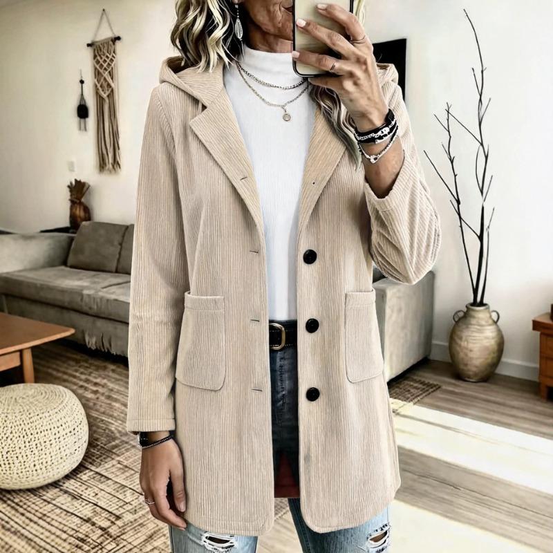 Women Hooded Corduroy Jacket Loose Mid Length Casual Outerwear