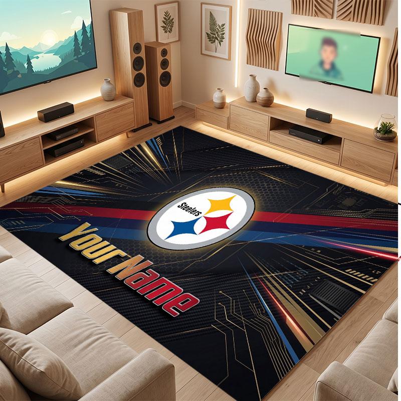 Pittsburgh Steelers Personalized Crystal Velvet Carpet, Customized Name Text Soft Anti‑Slip Rug for Living Room Bedroom