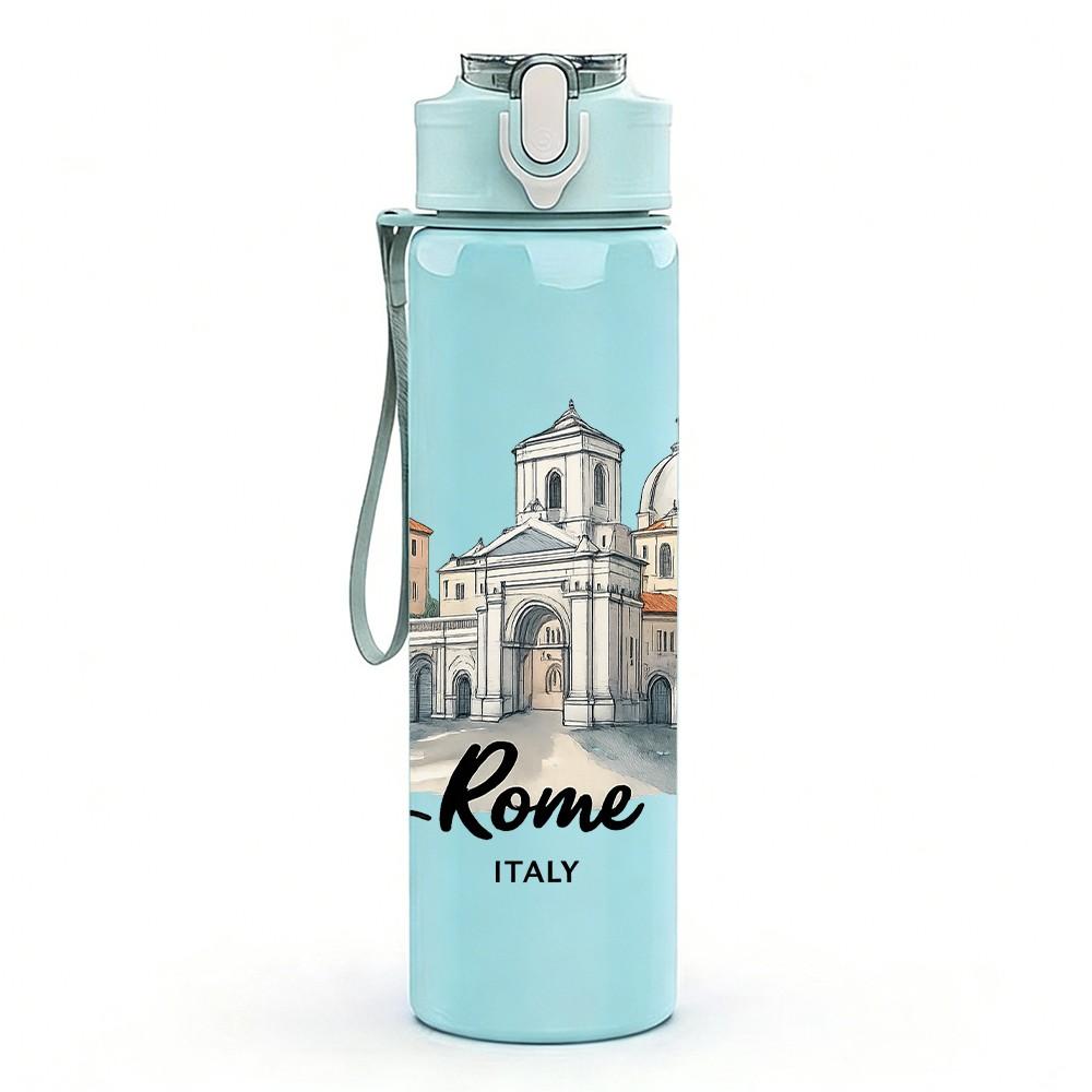 1PC Rome City Vintage Sketch Print 750ml Color Plastic Sports Water Bottle Leakproof Flip Straw Lid Suitable for Sports Office Home Use