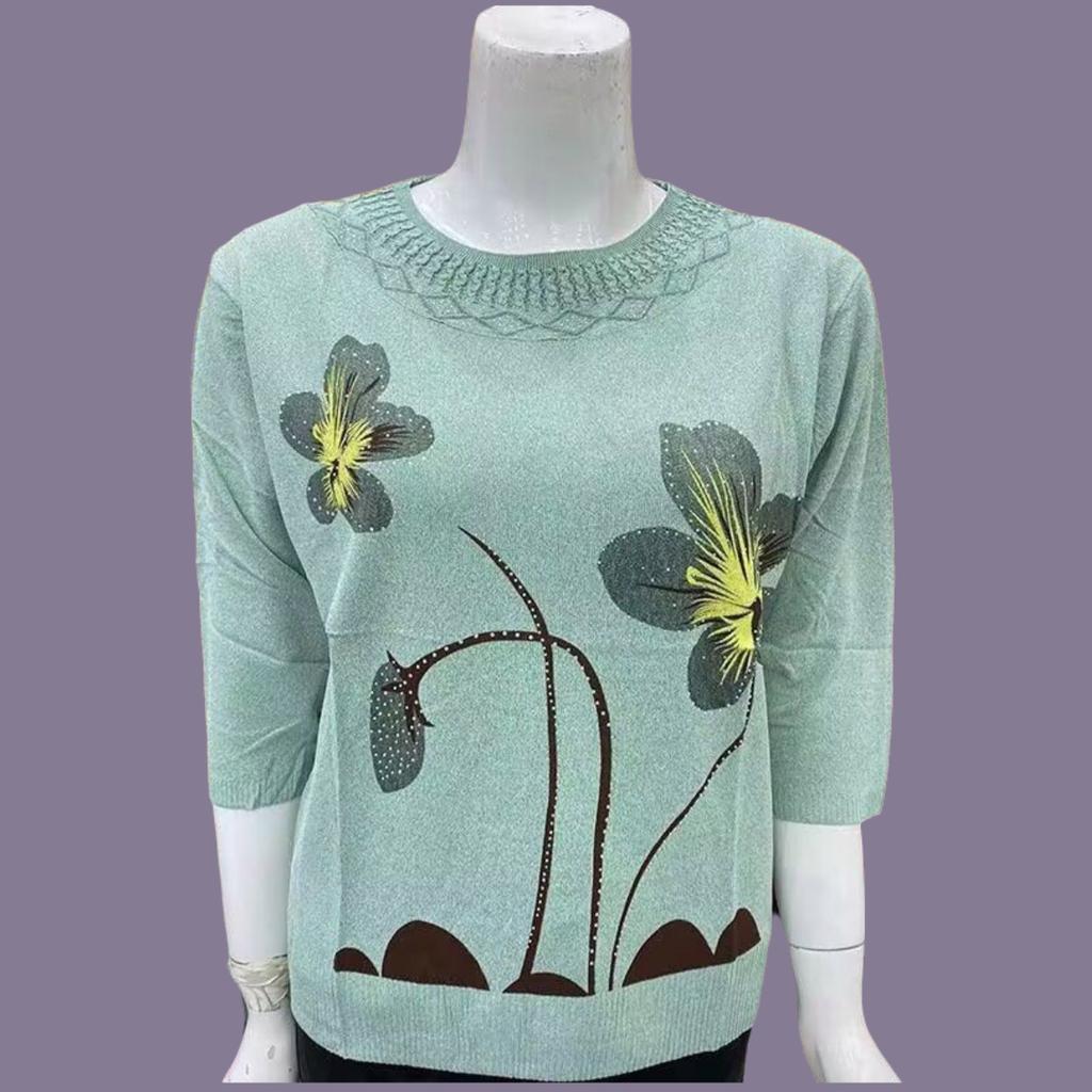 Spring Summer Women's Ice Silk Plus-Size Sweater Thin Round Neck Loose-Fit Printed Pullover Sweater 3/4sleeve Knitwear
