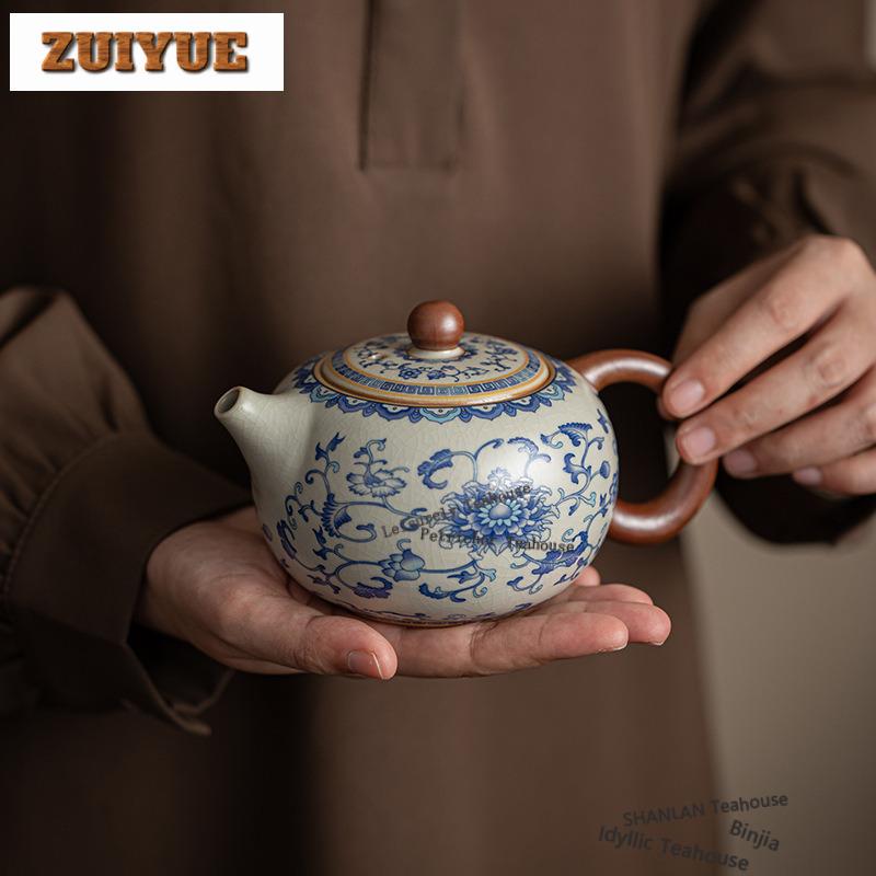 360ml Ru Kiln Interlock Branch Lotus Decoration Teapot Boutique Tea Infuser Pot Tea Soaking Kettle With Ball Hole For Tea Craft