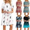 Summer Beach Dresses For Women Round Neck Printed Short Sleeve Dress