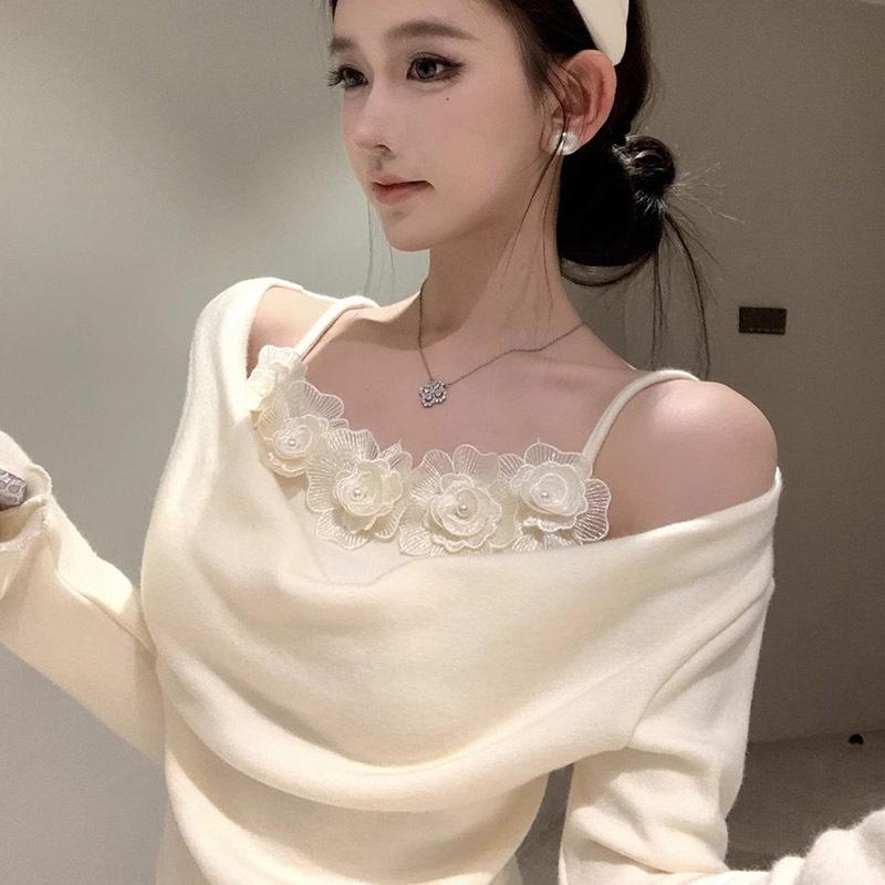 2025 Women's Patchwork Cowl Neck Off-Shoulder Long Sleeve T-Shirt with 3D Floral Design