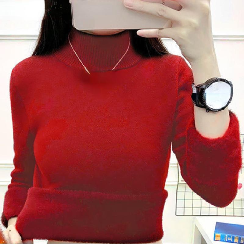 Корейский теплый свитер, пуловер, женский зимний тонкий утепленный плюшевый трикотаж на бархатной подкладке, джемпер, полуводолазка, поляры, мягкие вязаные топы