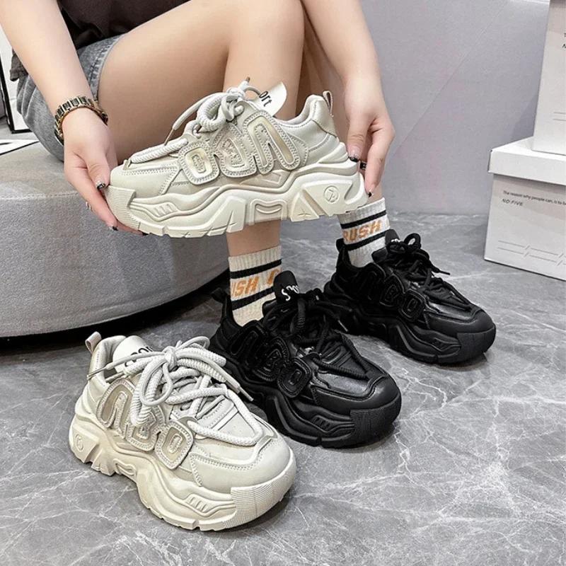 Женские кроссовки на толстой платформе, модные, осенние, новые, черные, на платформе, кроссовки для женщин, нескользящая, толстая подошва, спортивная обувь