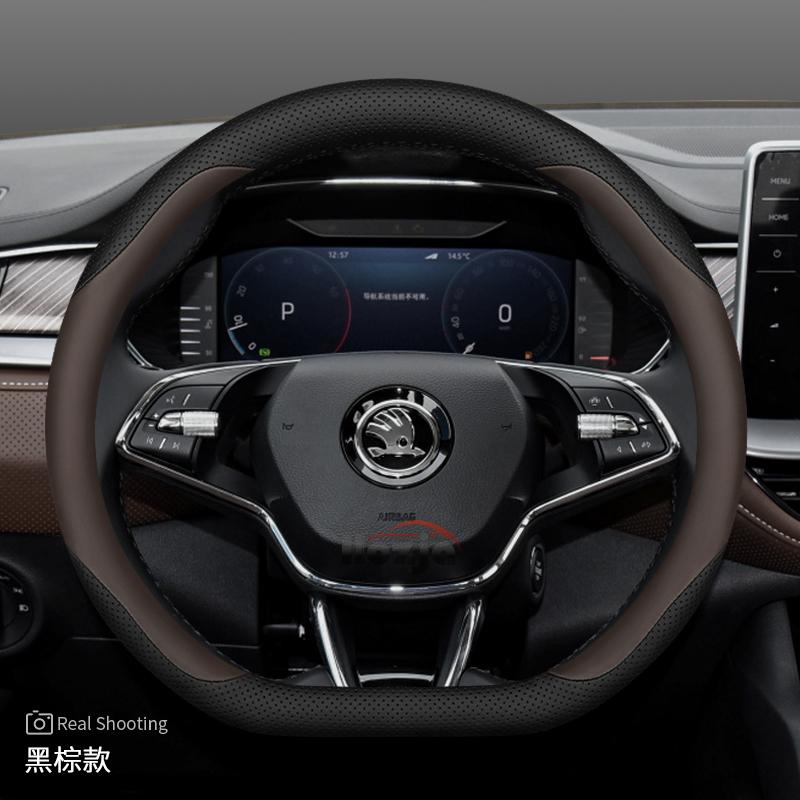 AAABP1 Leather Car Steering Wheel Cover for Skoda Karoq Enyaq Superb Enyaq Kodiaq Scala Fabia Octavia 2024 2025 2026 Accessories