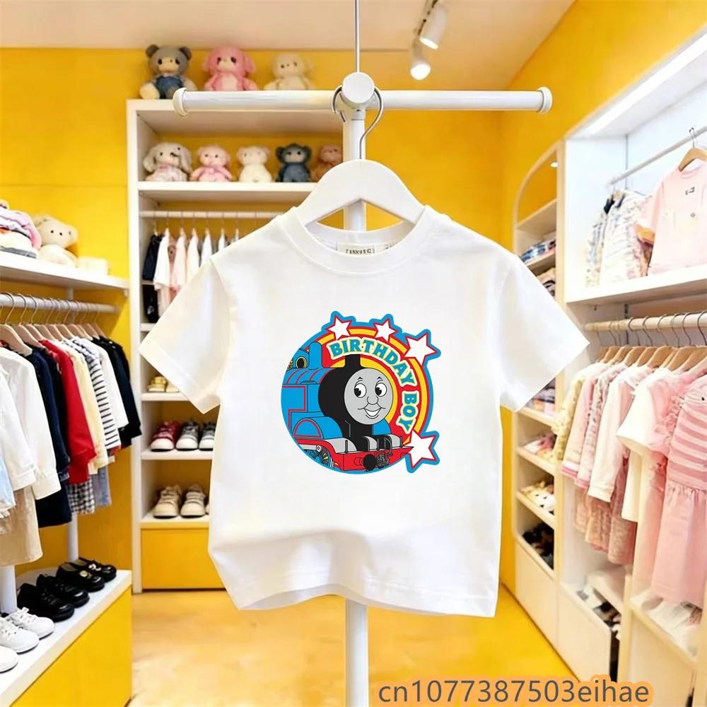 Pure Cotton Summer Tee Thomas Train Cartoon Design Children Short Sleeve Y2K Cute Fun Wear for Little Boys Girls All Day Use