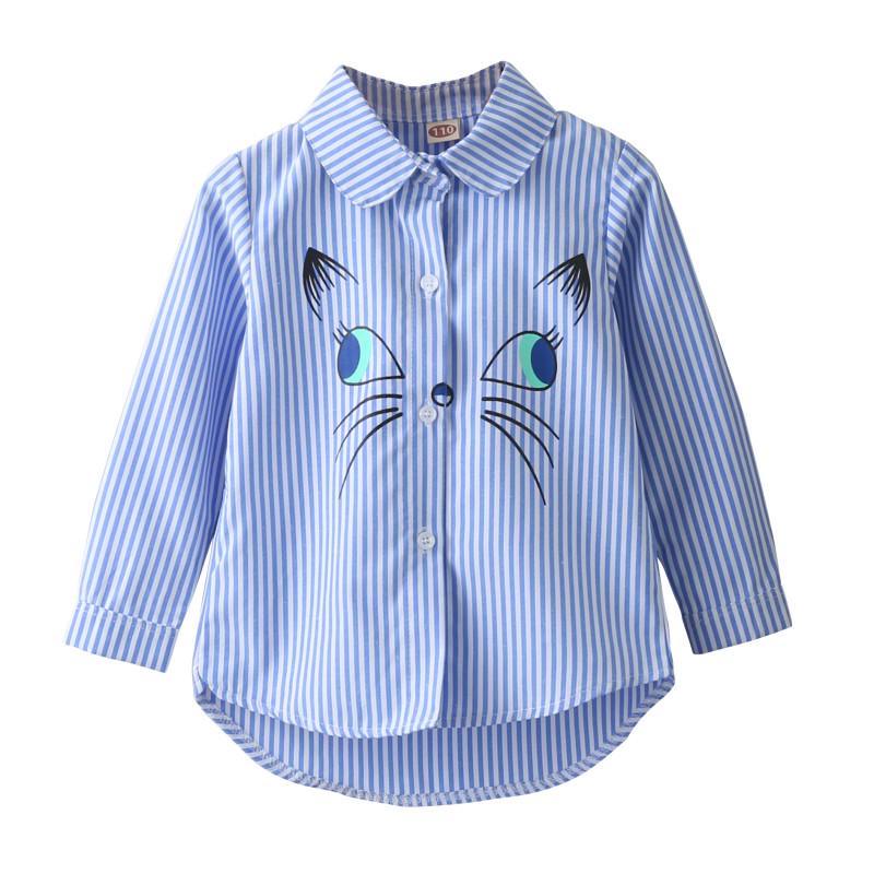 Children Turn-down Collar Embroidery Cartoon Cat Pattern Long Sleeve Shirts Blouse Outfits